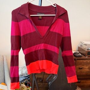 House of Harlow 1960 Pink and Burgundy Striped V-Neck Sweater